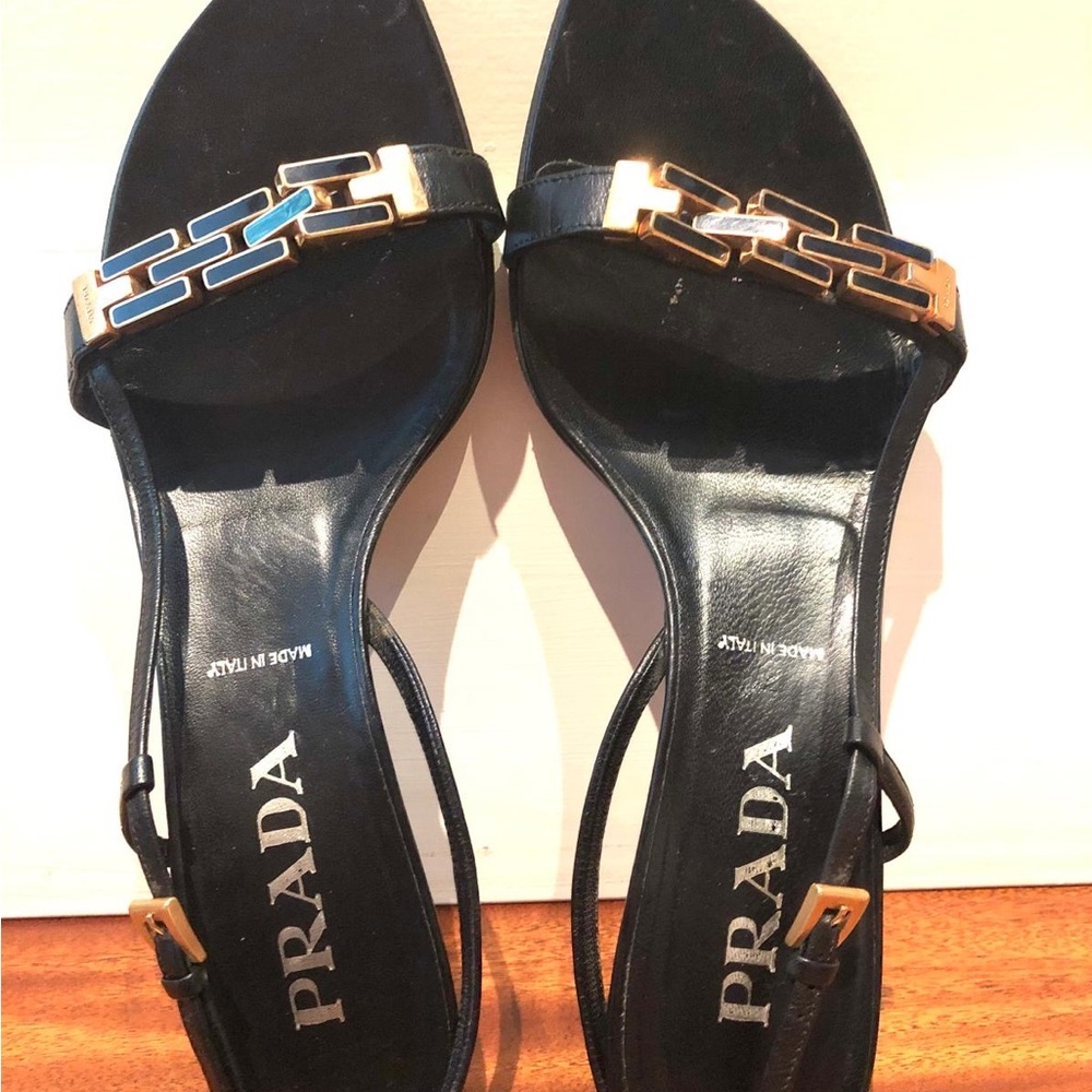 Prada Black Sandals with Gold Chain Detail